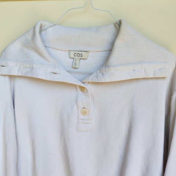 COS Beige Drawstring Hem Cropped Button Up Foldover Funnel Neck Sweater L - Picture 3 of 12